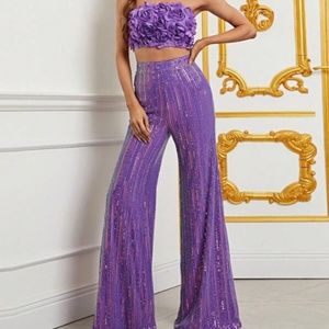 Large 2-piece sequin flared pants & floral tube top - lavender purple NWOT